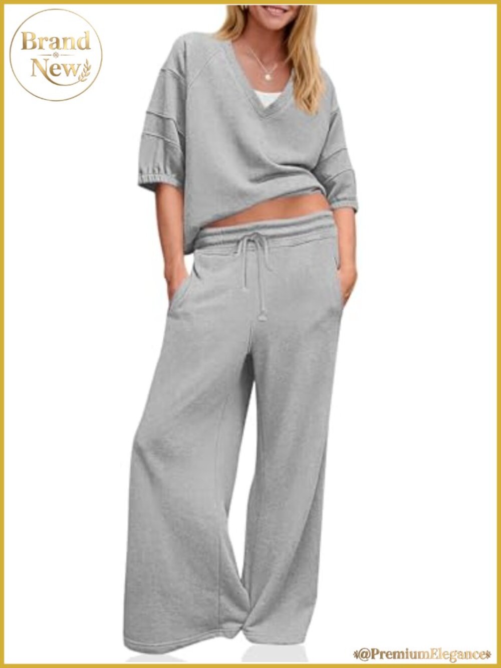2 Piece Outfit V Neck Shirt Wide Leg Pants Loose Workout Tracksuit Set
